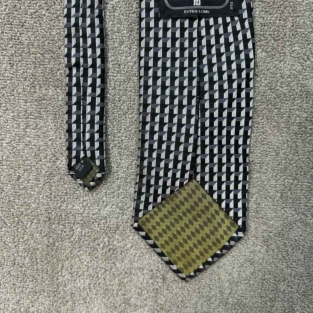Bruno Piattelli Extra Long Silk Tie Black Grey Geometric 3D Pattern Made in USA